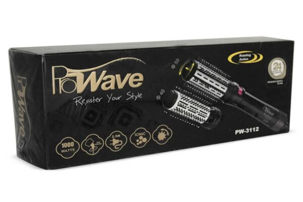 سشوار چرخشی پروویو مدل PW-3112، دارای برس چرخشی 360 درجه، فناوری یونیک و توان 1000 وات برای حالت‌دهی سریع موها.