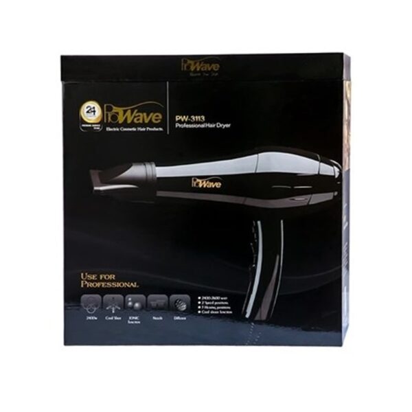 سشوار سالنی حرفه‌ای پروویو مدل PW-3113 AC، دارای موتور قدرتمند 2600 وات، فناوری یونی و طراحی ارگونومیک، مناسب برای خشک‌کردن سریع و بدون وز موها.